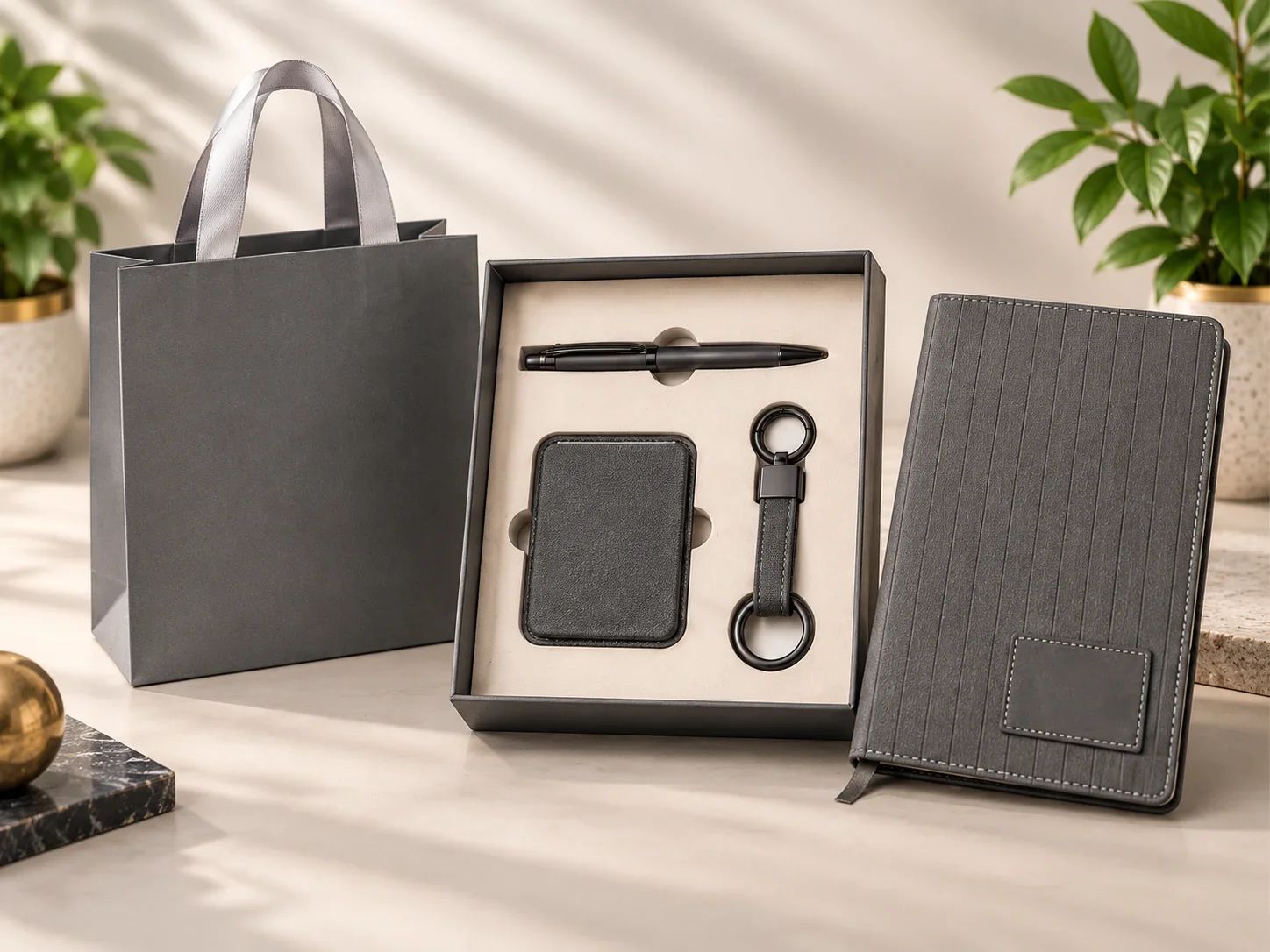 Pinstripe Grey Executive Journal, Card Wallet, Pen & Keychain Set