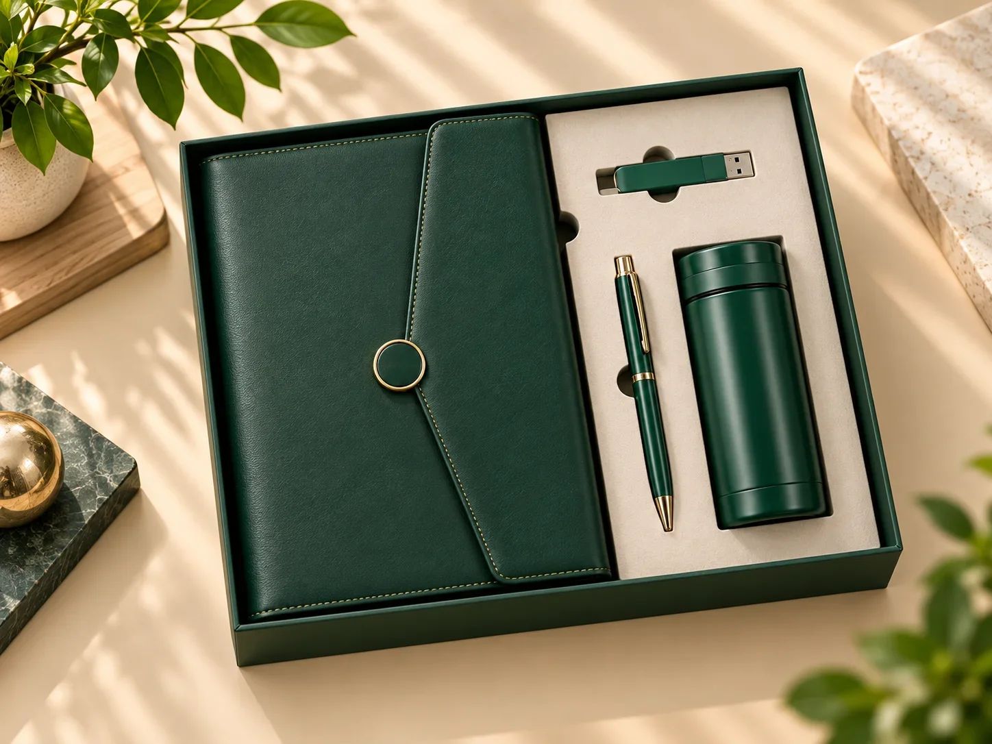 Forest Green Leatherette Envelope Journal, Pen, USB Flash Drive & Tumbler Set