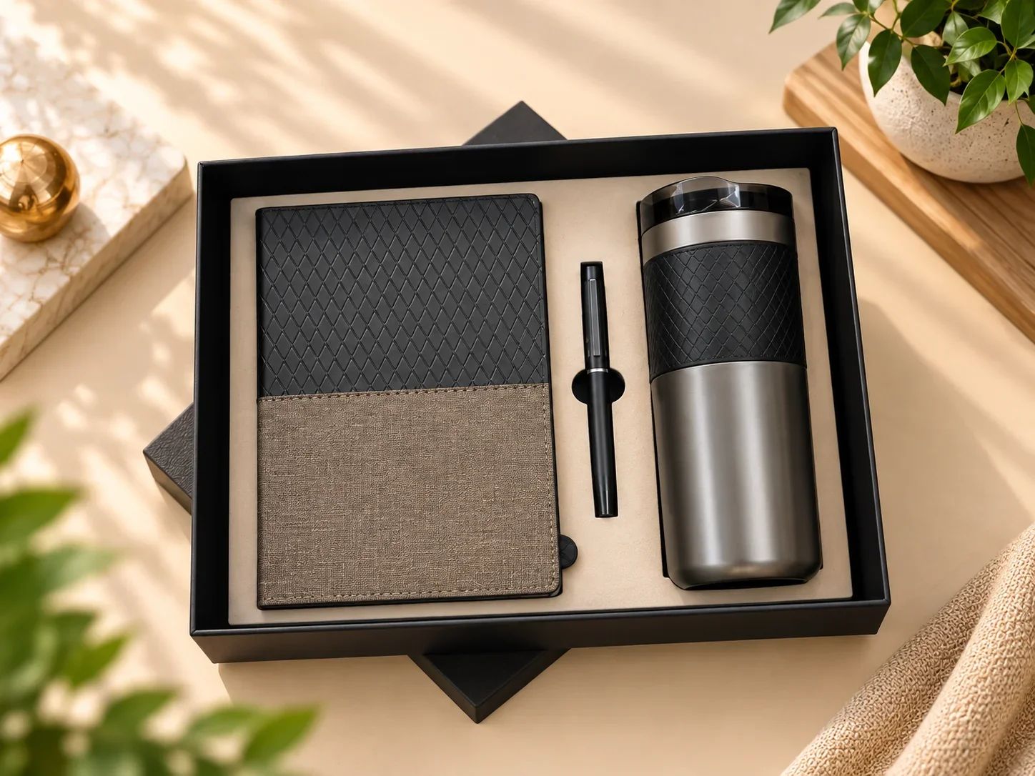Diamond-Patterned Black & Taupe Journal, Pen & Insulated Tumbler Set