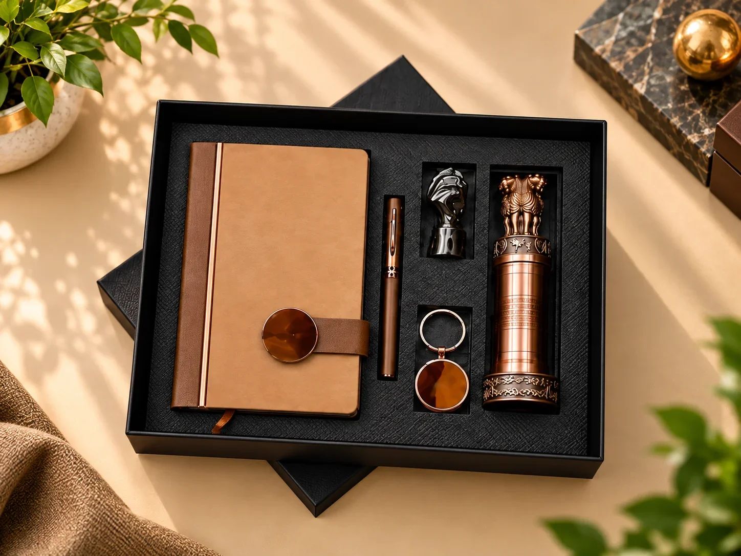 Antique Bronze Ashoka Emblem Pillar, Camel Journal, Pen & Keychain Set
