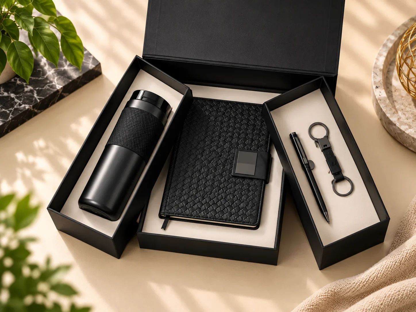 Woven Black Leatherette Journal, Insulated Flask, Pen & Keychain Set