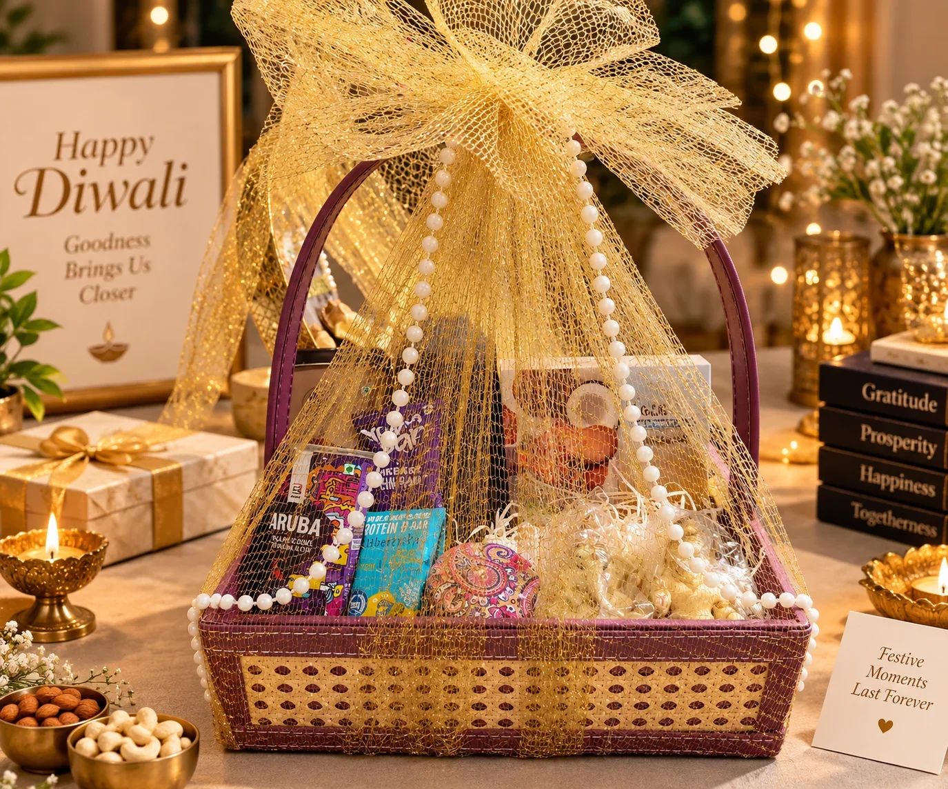Healthy Snacks Diwali Hamper in Purple Cane Basket
