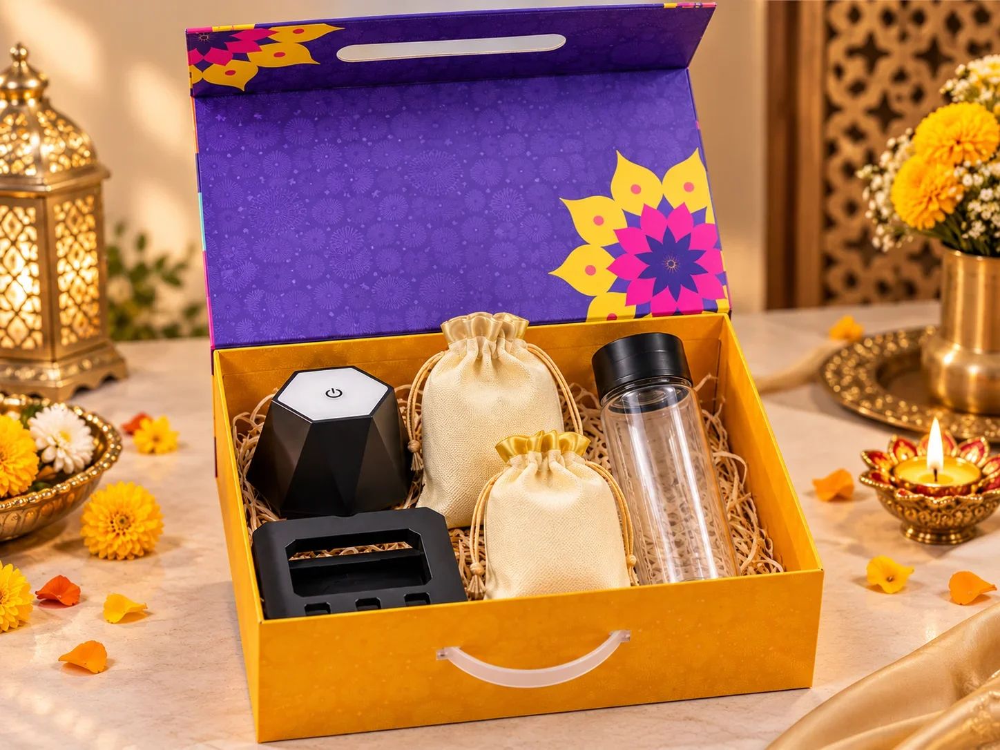 5 IN 1 Celebration Set – Rechargeable Lamp, Infuser Bottle, Adjustable Stand & Dry Fruits