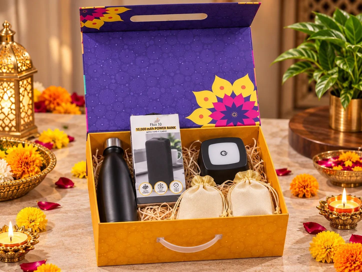 5 IN 1 Celebration Set – Rechargeable Lamp, Power Bank, Steel Bottle & Dry Fruits