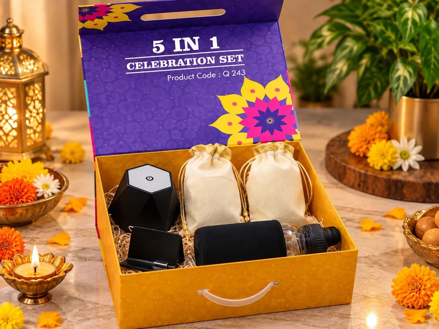 5 IN 1 Celebration Set | Rechargeable Lamp, Glass Bottle, Mobile Stand & Dry Fruits