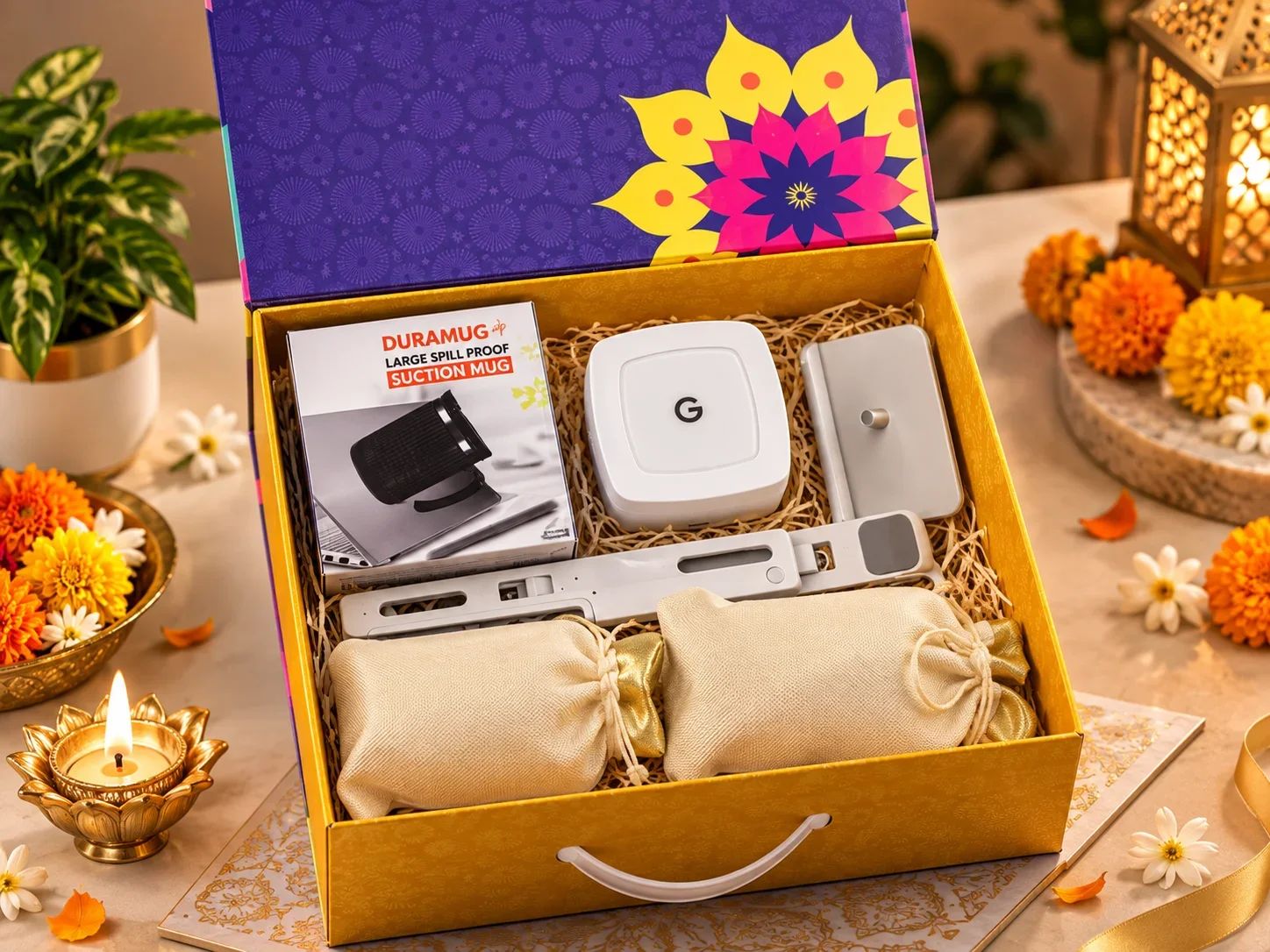 5 IN 1 Celebration Set – Rechargeable Table Lamp, Folding Laptop Stand, Steel Mug & Dry Fruits