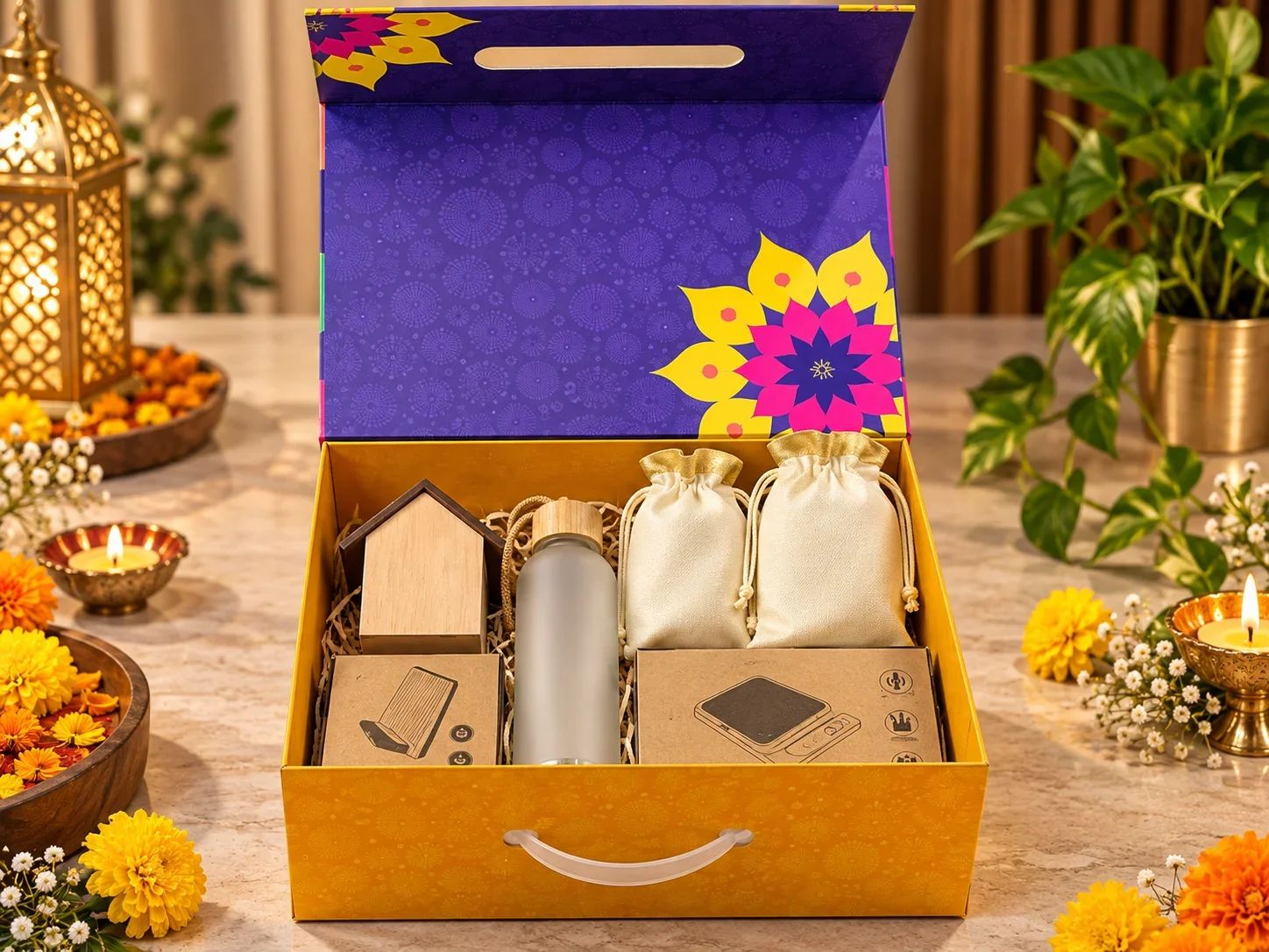 6 IN 1 Celebration Set – Wooden Hut LED Clock, Bamboo Wireless Charger, Frosted Glass Bottle & Dry Fruits