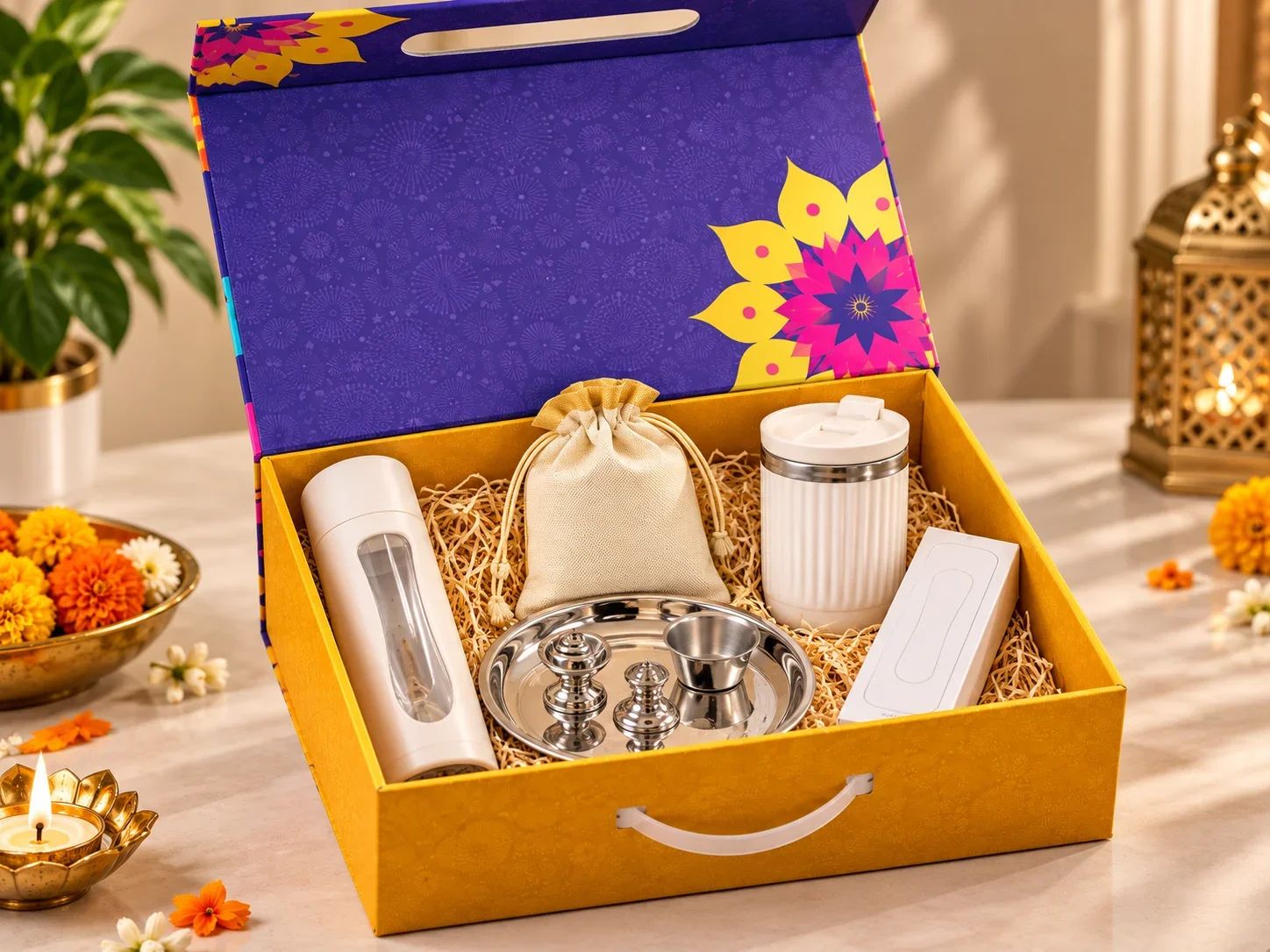 4 IN 1 Celebration Set – Divine Mini Pooja Thali, Steel Mug, Glass Bottle & Almonds