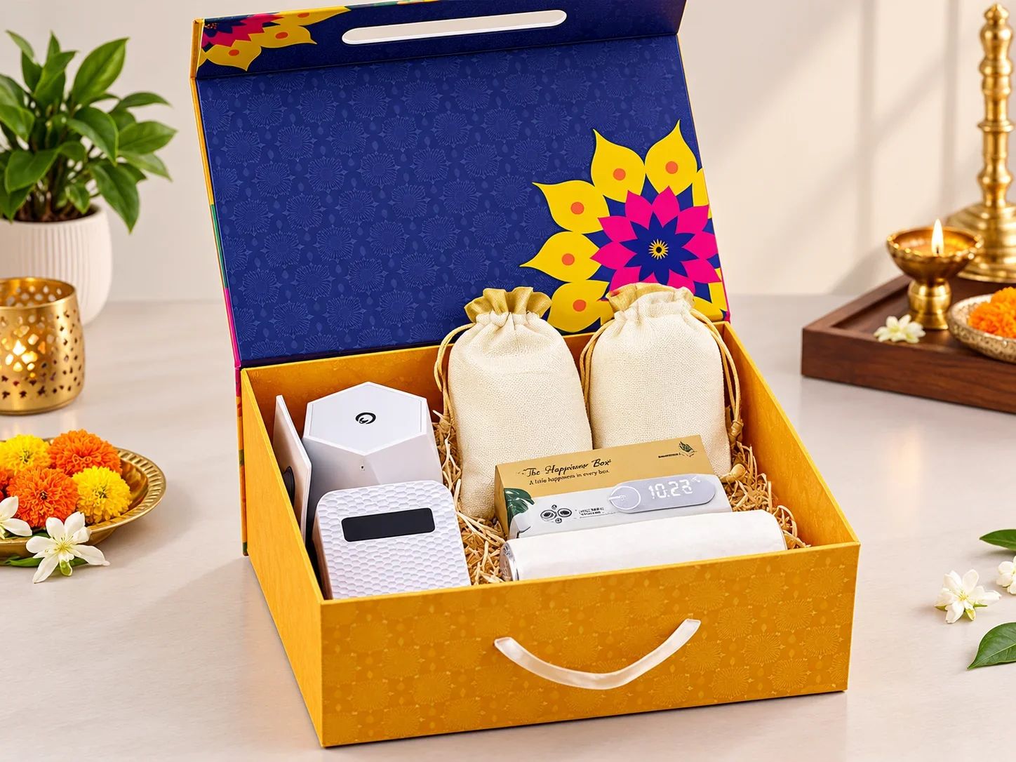 6 IN 1 Celebration Set – Rechargeable Table Lamp, Capsule Speaker Clock, Mobile Stand & Dry Fruits
