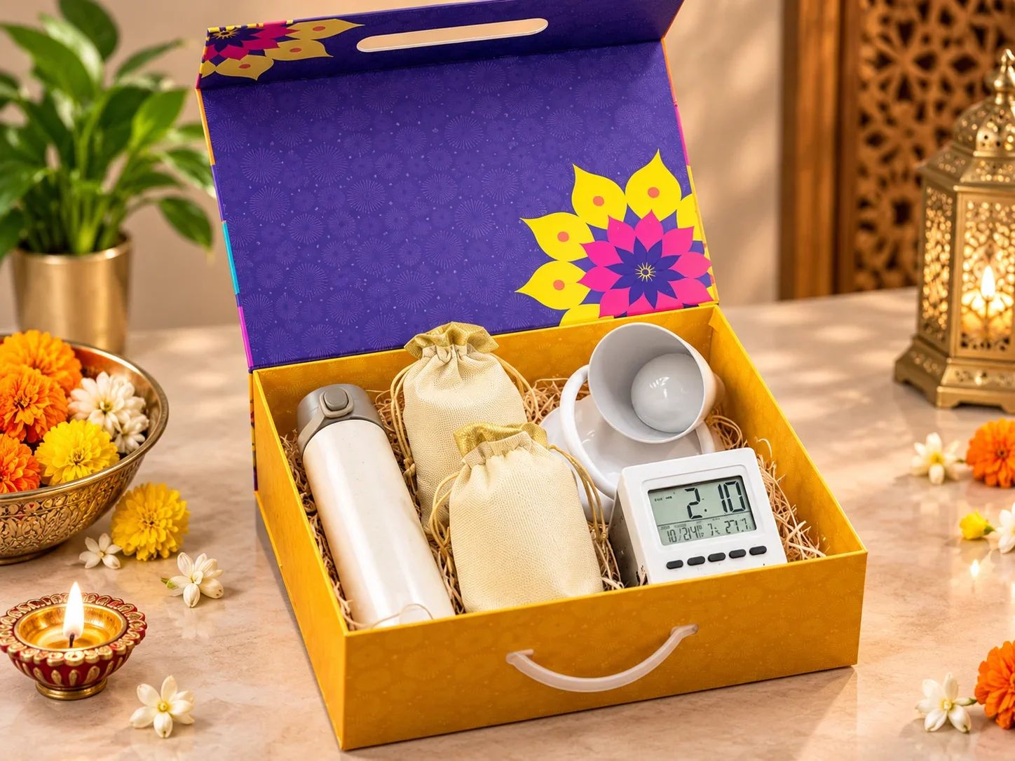 5 IN 1 Celebration Set – 3-Color LED Desk Lamp, Digital Clock Tumbler, Wheat Straw Bottle & Dry Fruits