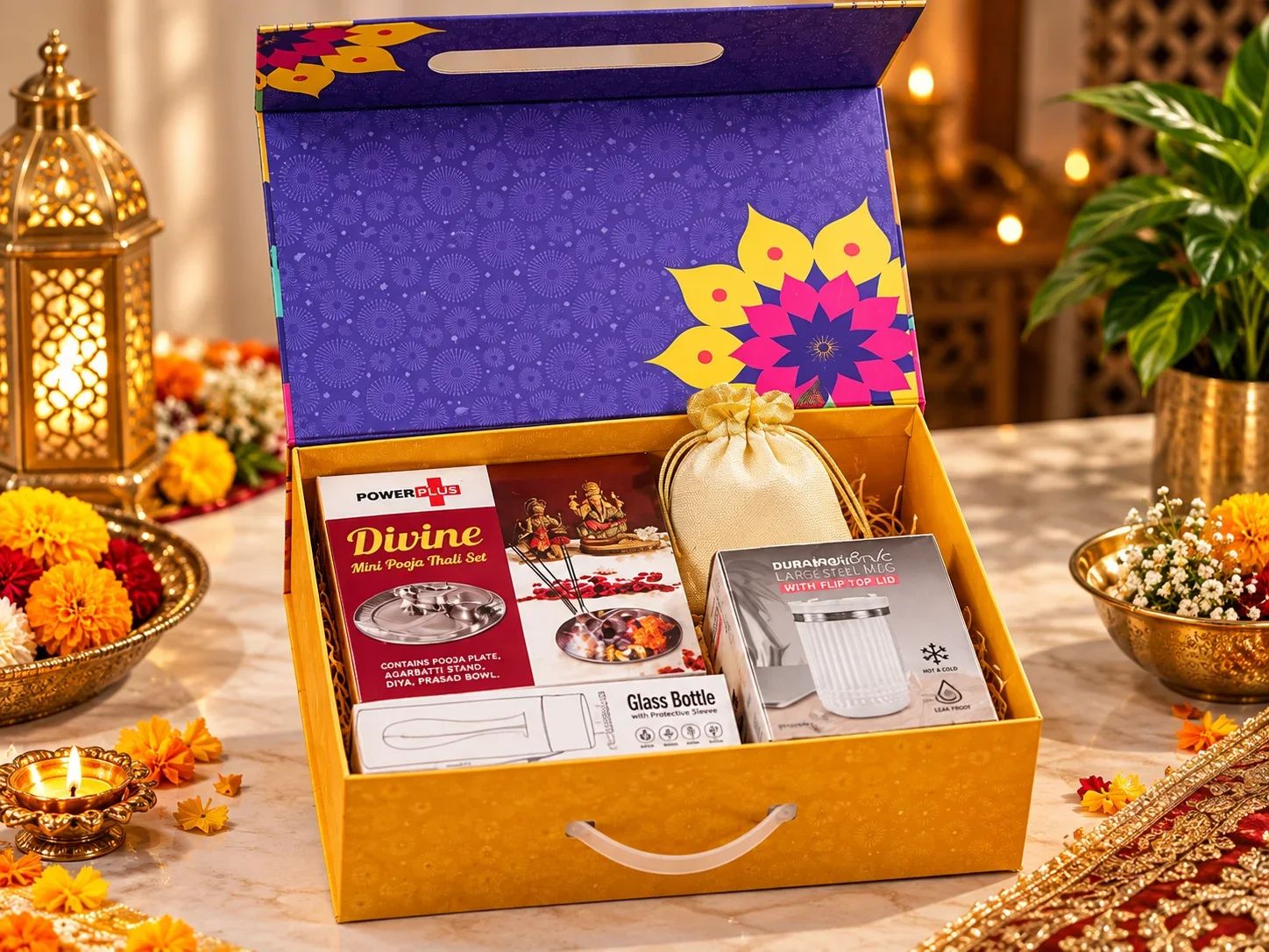 4-in-1 Traditional Celebration Hamper – Silver Pooja Set, Travel Mug, Glass Bottle & Gourmet Almonds