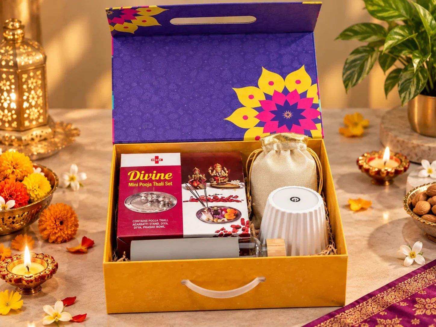 4 IN 1 Celebration Set – Rechargeable Table Lamp, Divine Mini Pooja Thali, Glass Bottle & Almonds