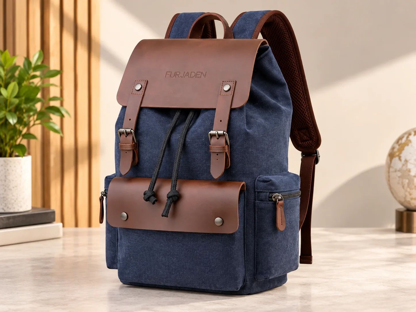 Fur Jaden Navy Blue Canvas Vintage Rucksack Backpack with Leather Flap