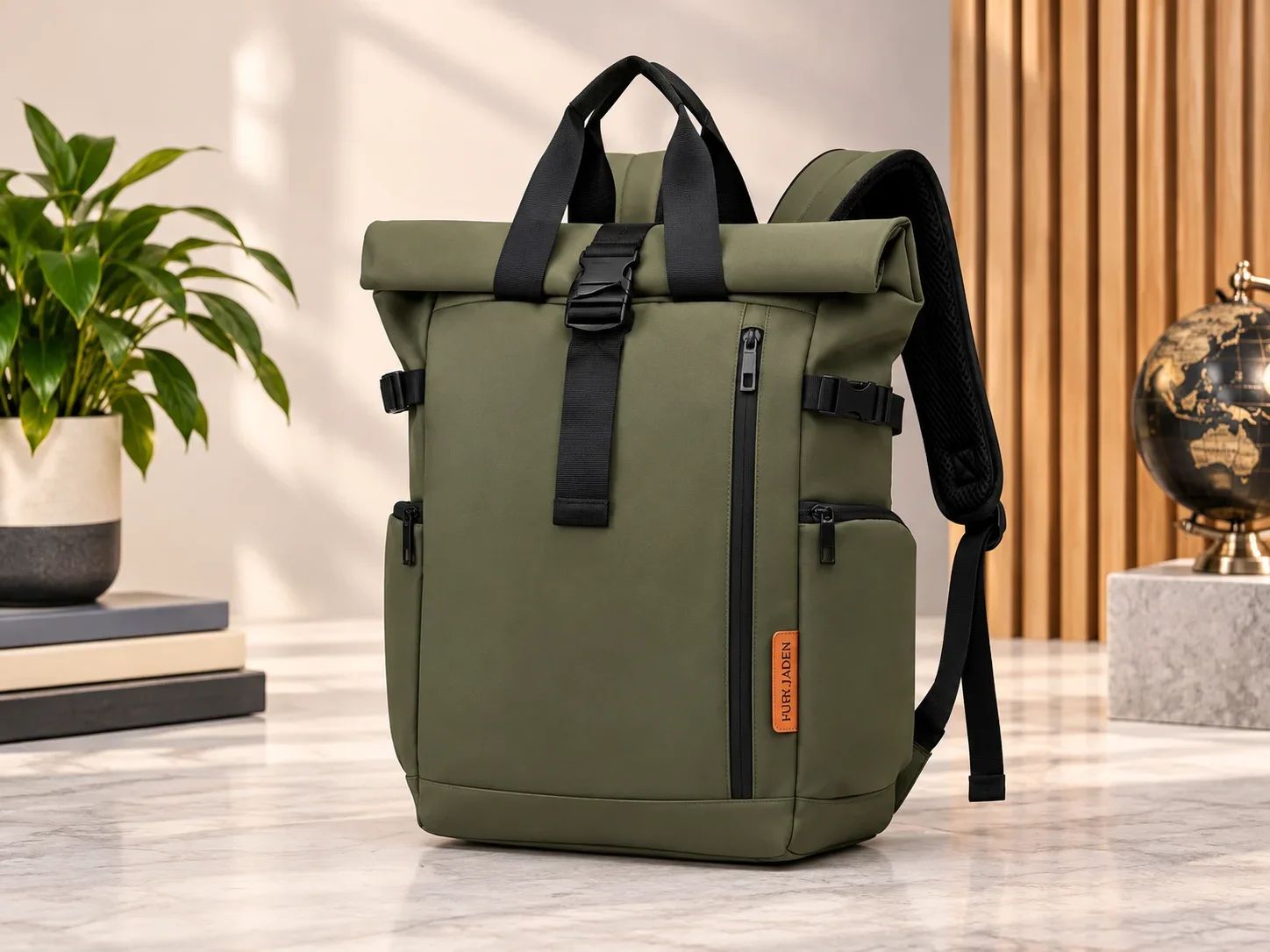 Fur Jaden Olive Green Roll-Top Laptop Backpack with Buckle Closure
