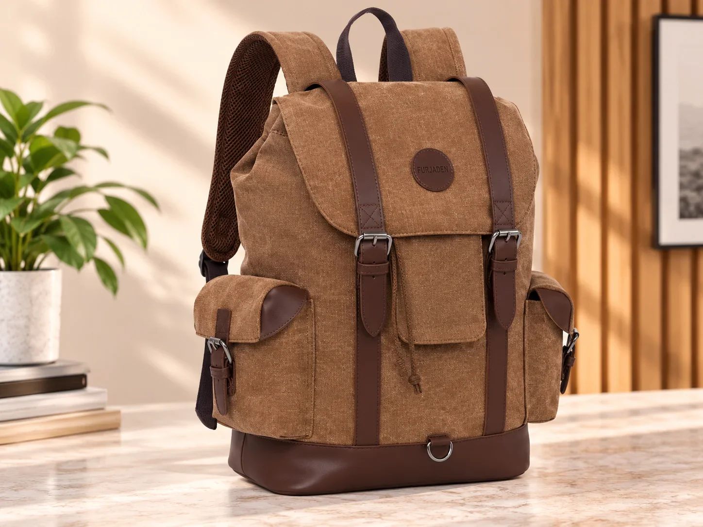 Fur Jaden Vintage Tan Brown Canvas Rucksack with Leatherette Straps