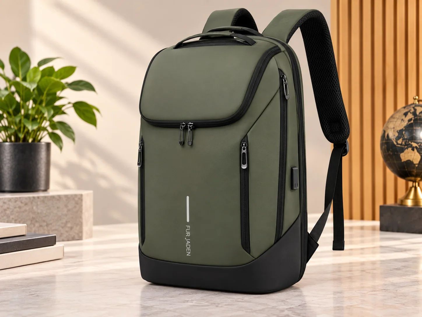 Fur Jaden Olive Green Minimalist Tech Backpack with Reinforced Base