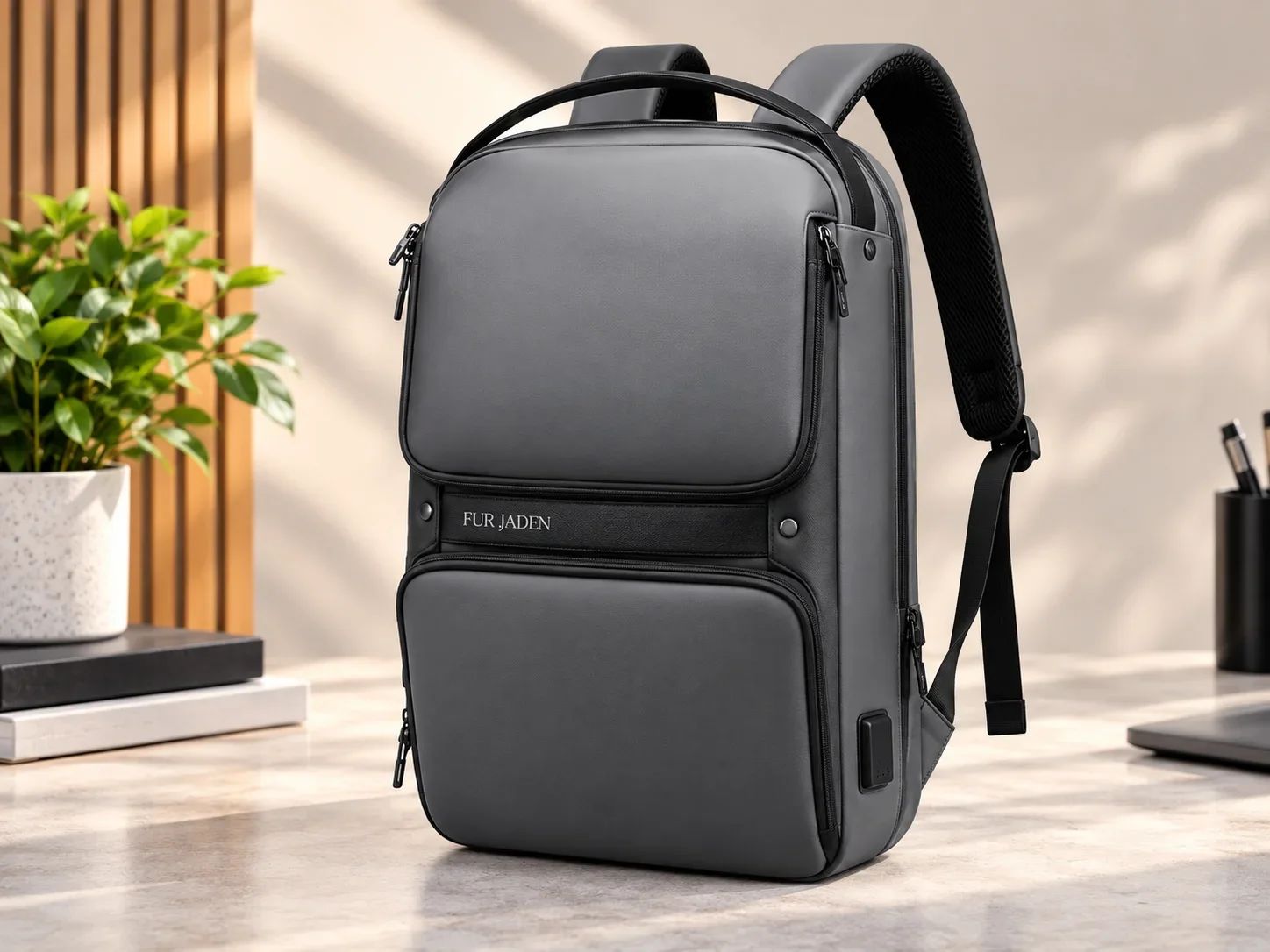 Fur Jaden Sleek Grey Executive Laptop Backpack with USB Charging Port