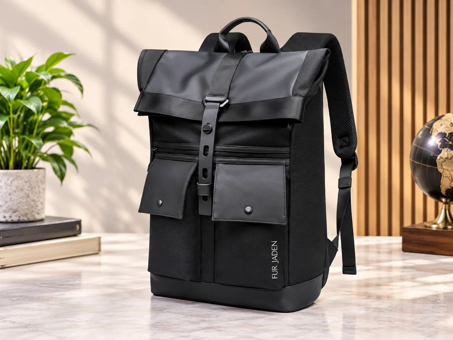 Fur Jaden Black Tactical Roll-Top Backpack with Front Flap Pockets