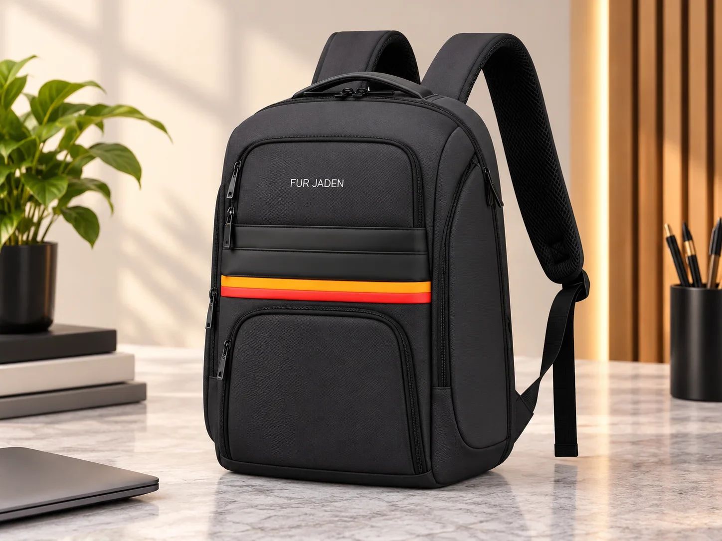Fur Jaden Black Laptop Backpack with Sporty Accent Stripe