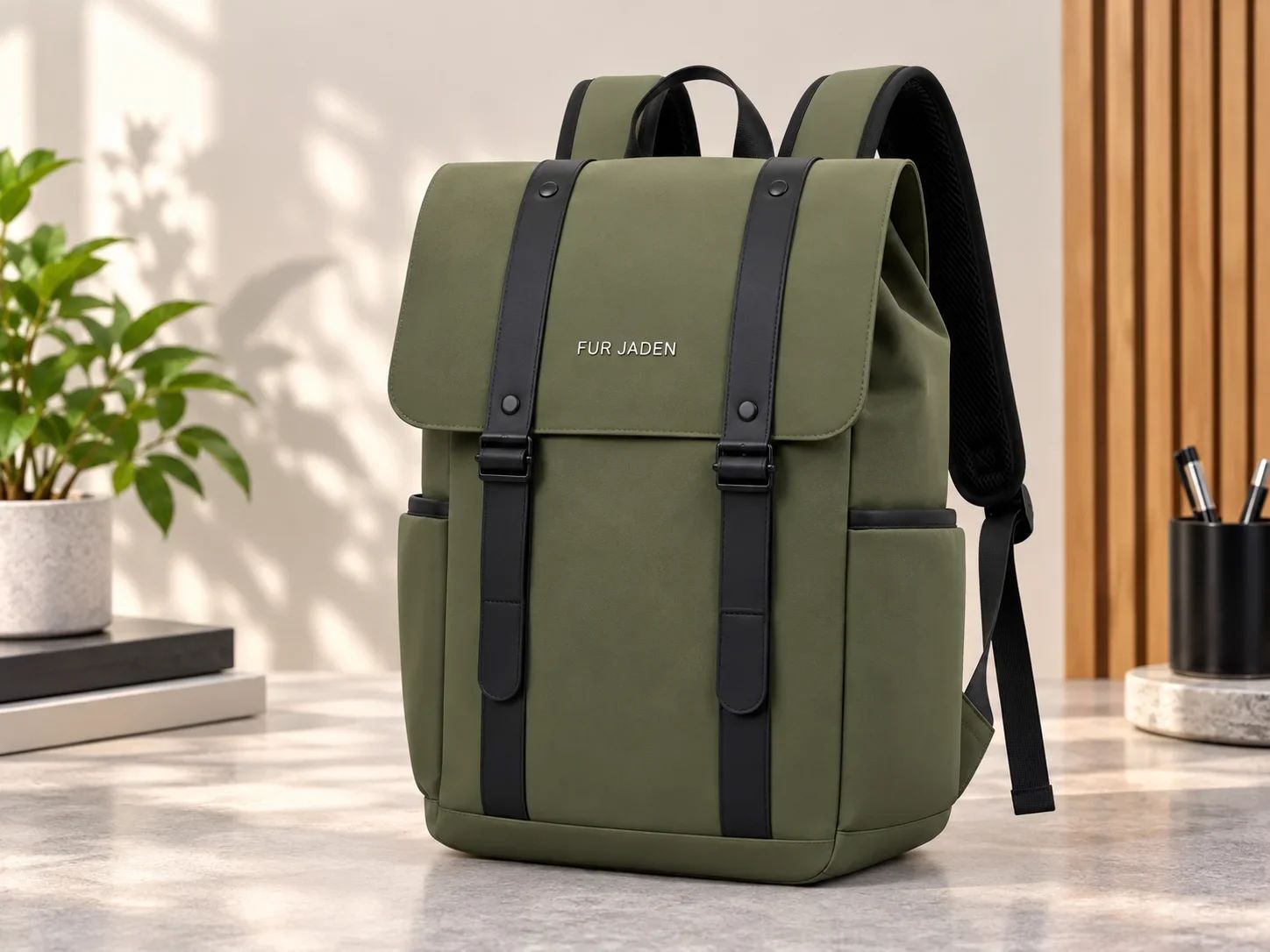 Fur Jaden Olive Green Flap-Over Laptop Backpack with Dual Straps