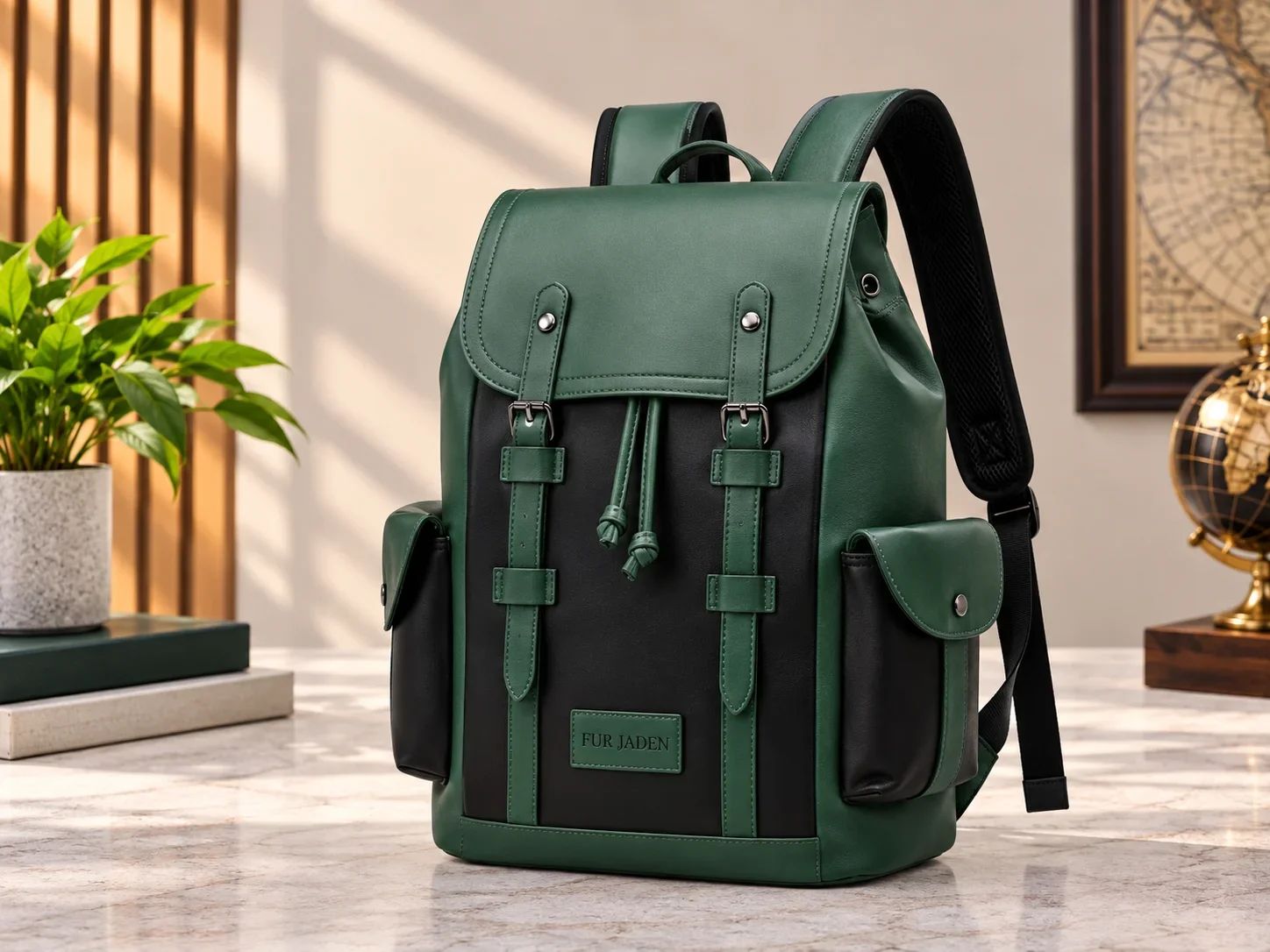 Fur Jaden Forest Green & Black Leatherette Dual-Tone Rucksack