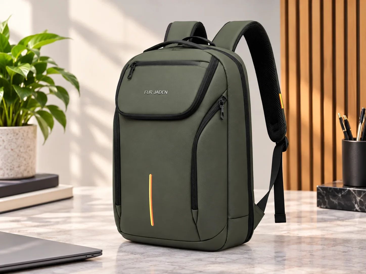 Fur Jaden Olive Green Commuter Laptop Backpack with Reflective Strip