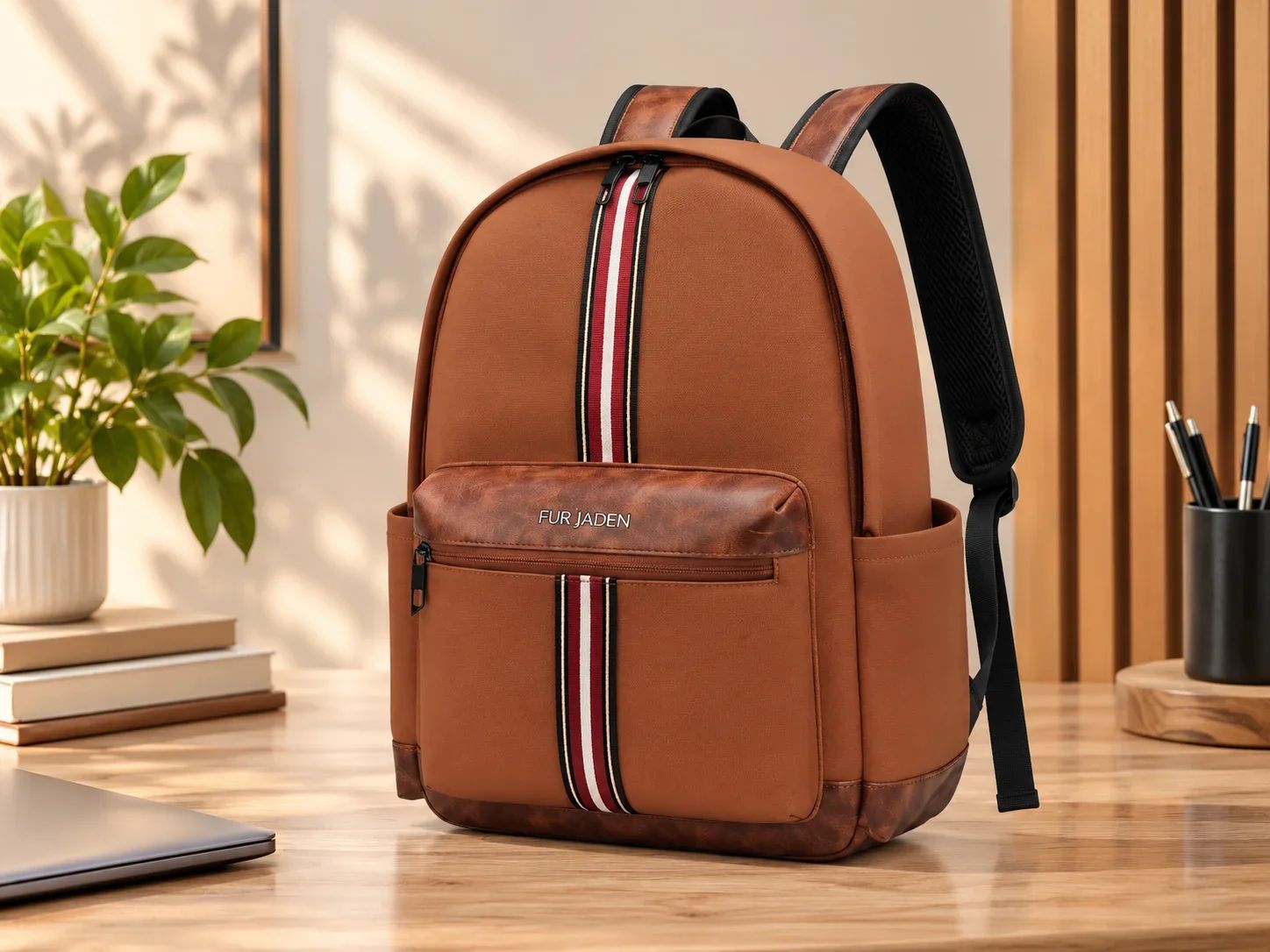 Fur Jaden Tan Brown Leatherette Backpack with Tricolor Webbing Strip