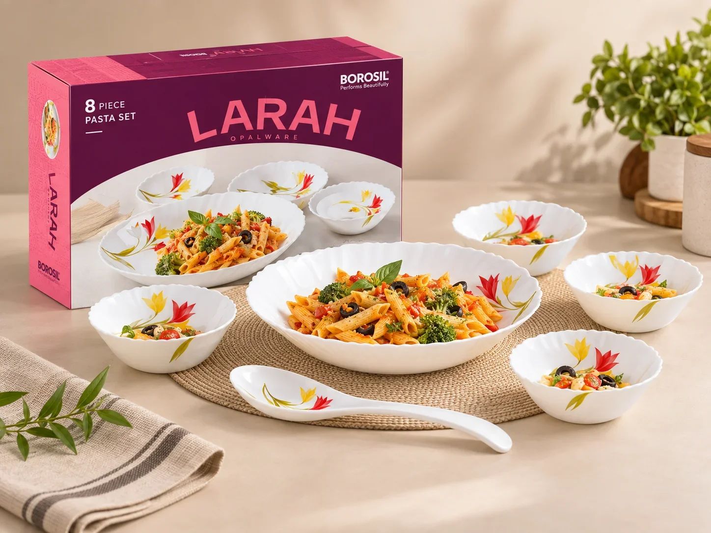 Larah by Borosil 8 Piece Opalware Pasta Set – Floral Print