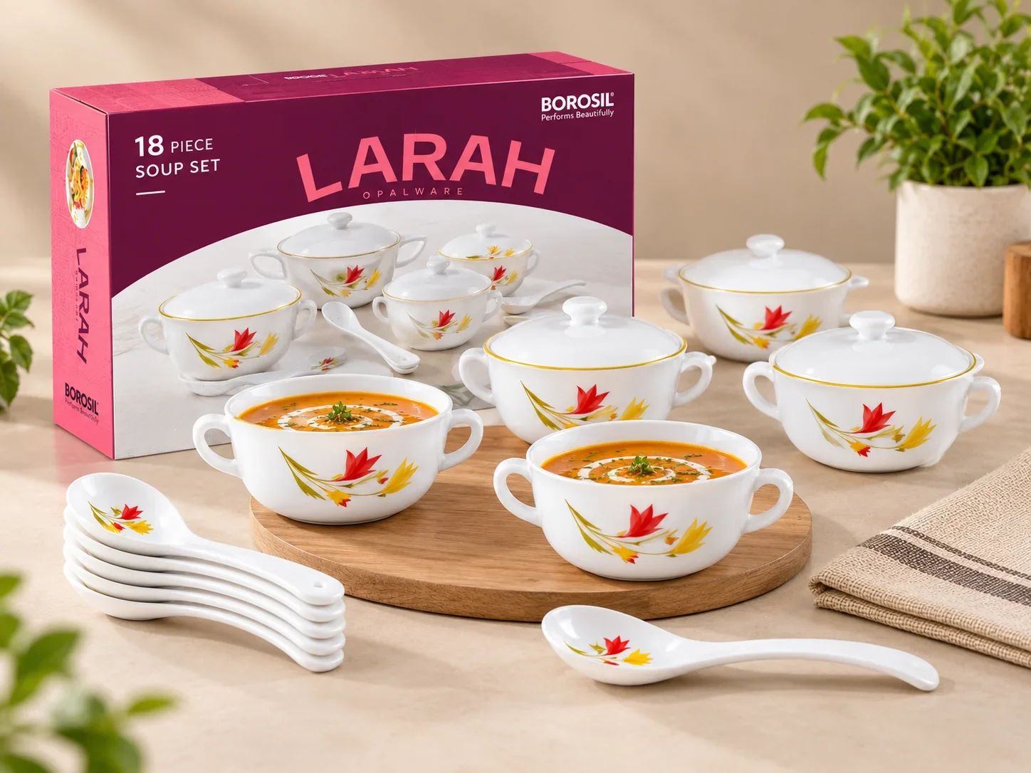 Larah by Borosil 18 Piece Opalware Soup Set – Red & Yellow Floral