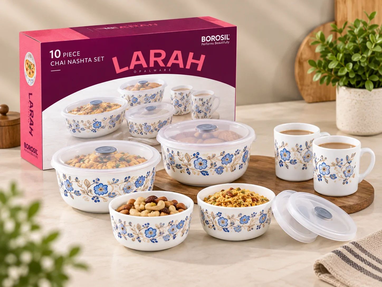 Larah by Borosil 10 Piece Chai Nashta Opalware Snack & Tea Set