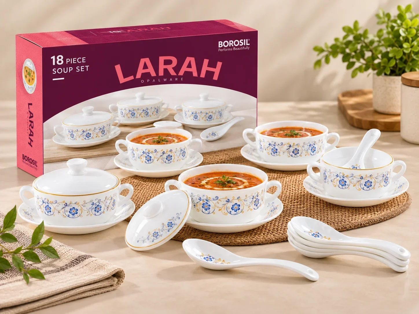 Larah by Borosil 18 Piece Opalware Soup Set – Blue Floral Trim