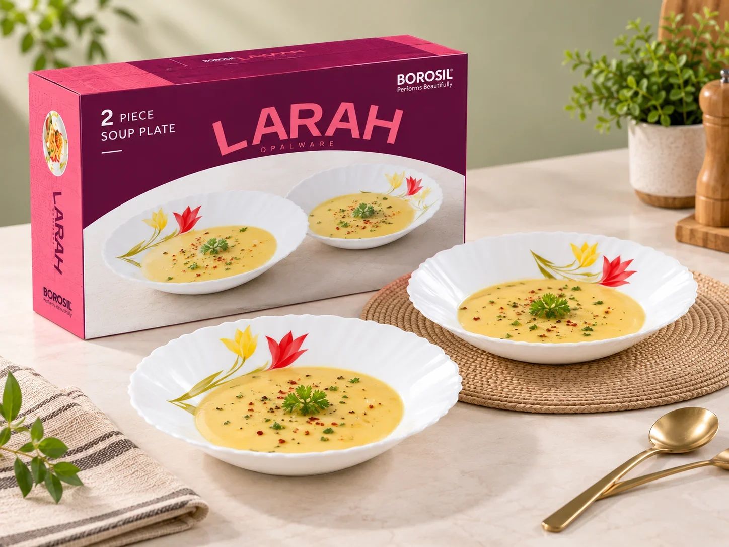Larah by Borosil 2 Piece Opalware Soup Plate Set – Red Tulip