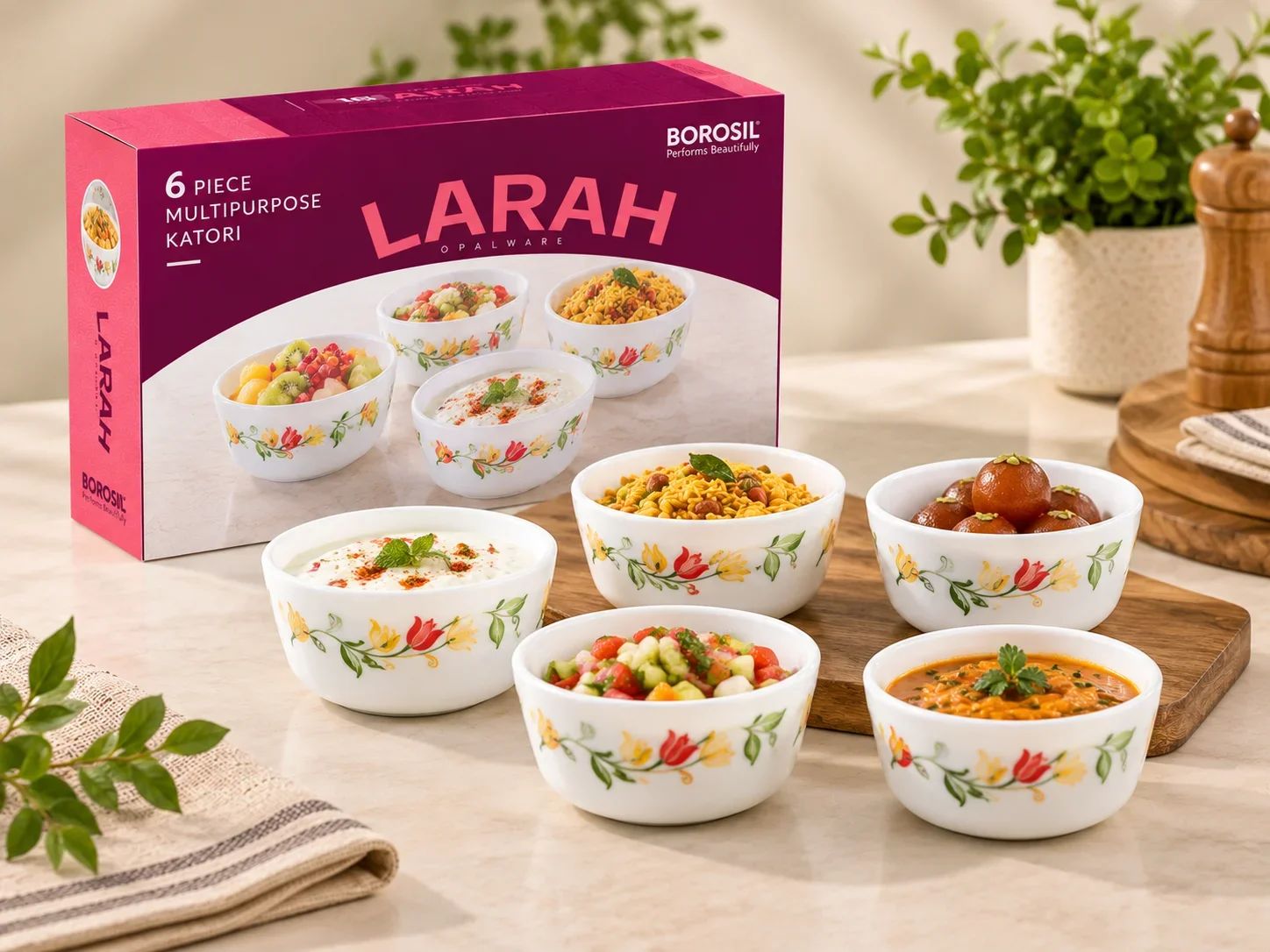 Larah by Borosil 6 Piece Multipurpose Katori Bowl Set – Tulip Print