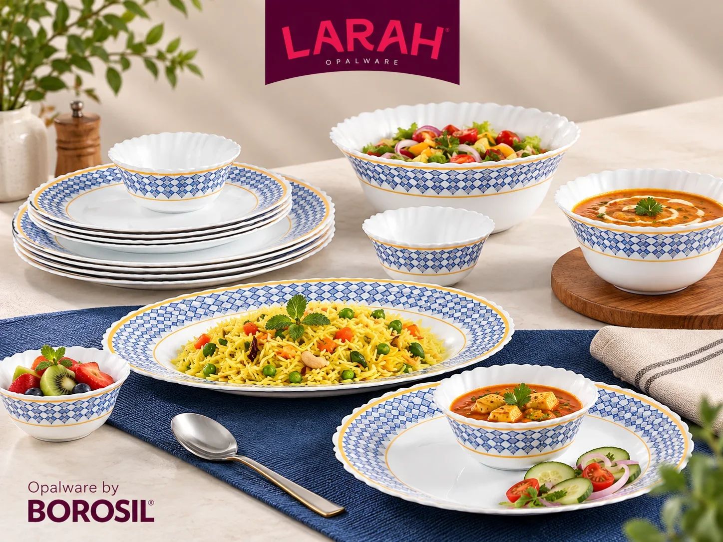 Larah by Borosil Blue Geometric Opalware Dinner Set