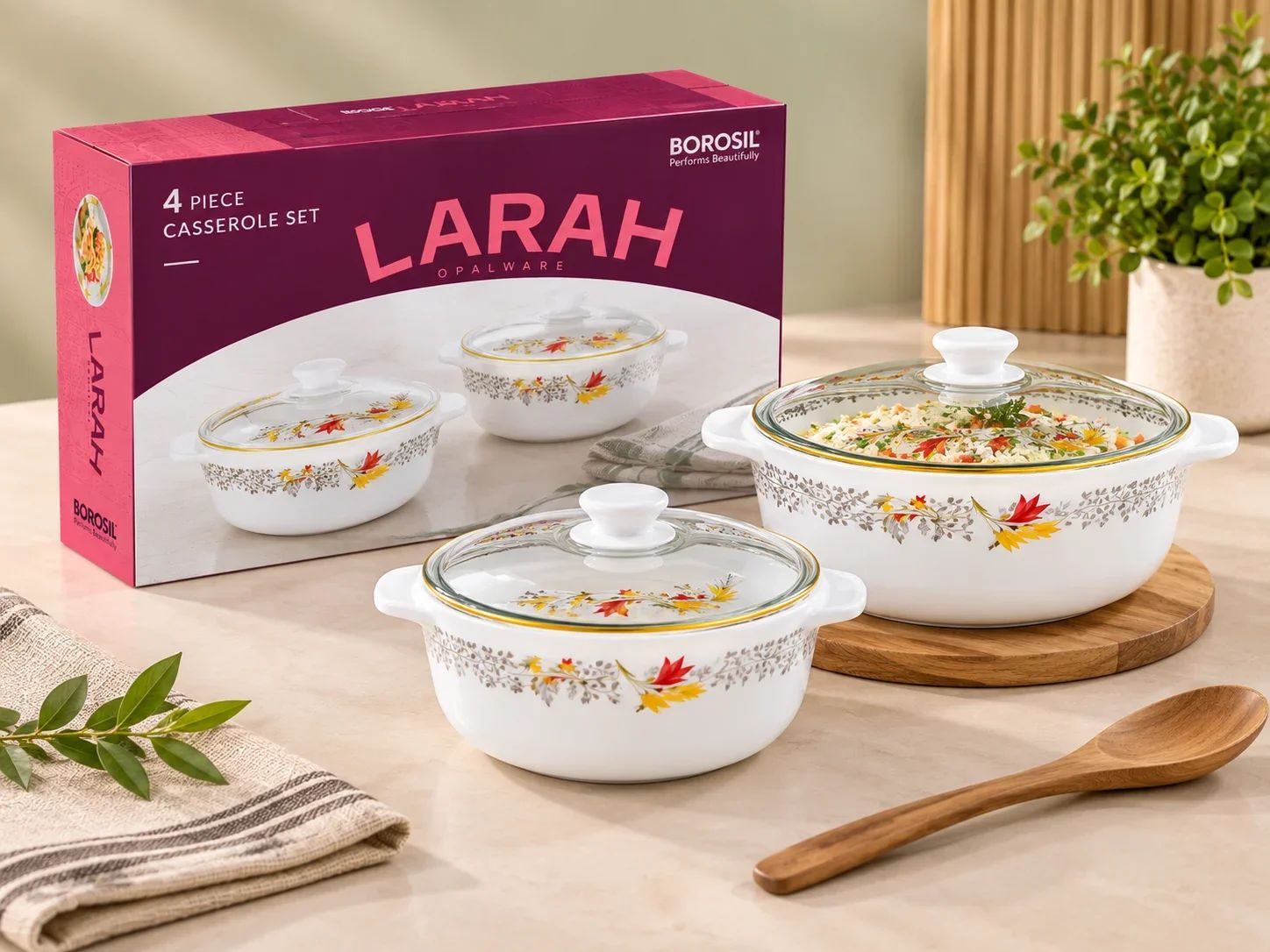 Larah by Borosil 4 Piece Opalware Casserole Set with Glass Lids