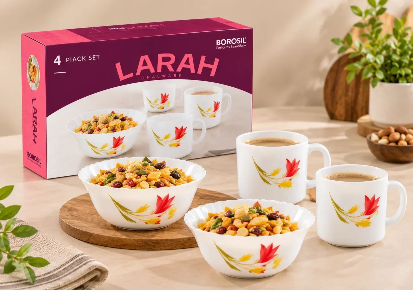 Larah by Borosil 4 Piece Snack & Tea Set – Tulip Floral