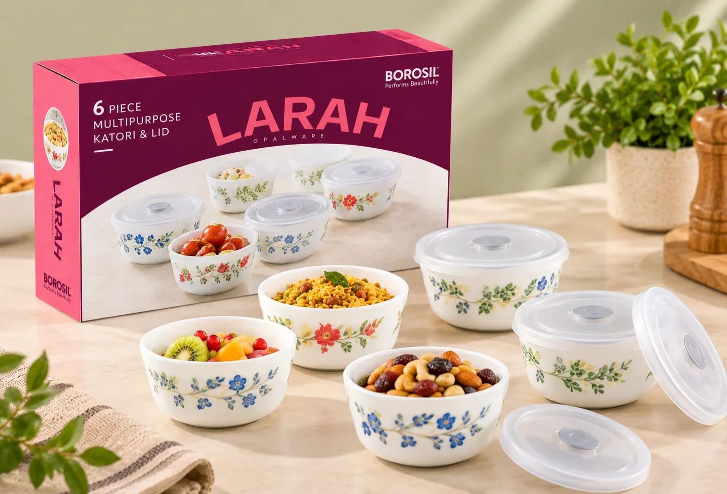 Larah by Borosil 6 Piece Opalware Multipurpose Katori Set with Lids