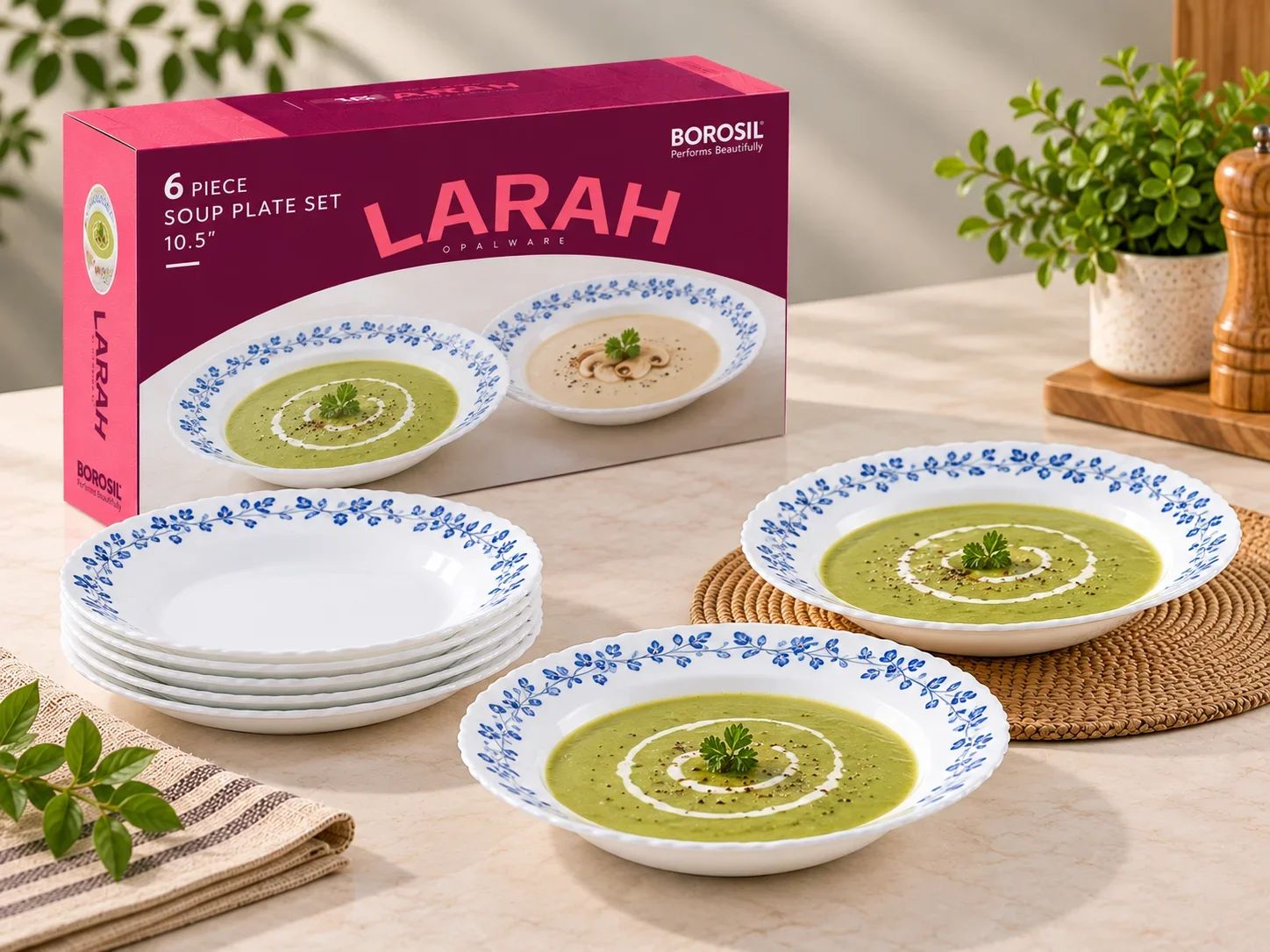 Larah by Borosil 6 Piece Opalware Soup Plate Set (10.5") – Blue Vine