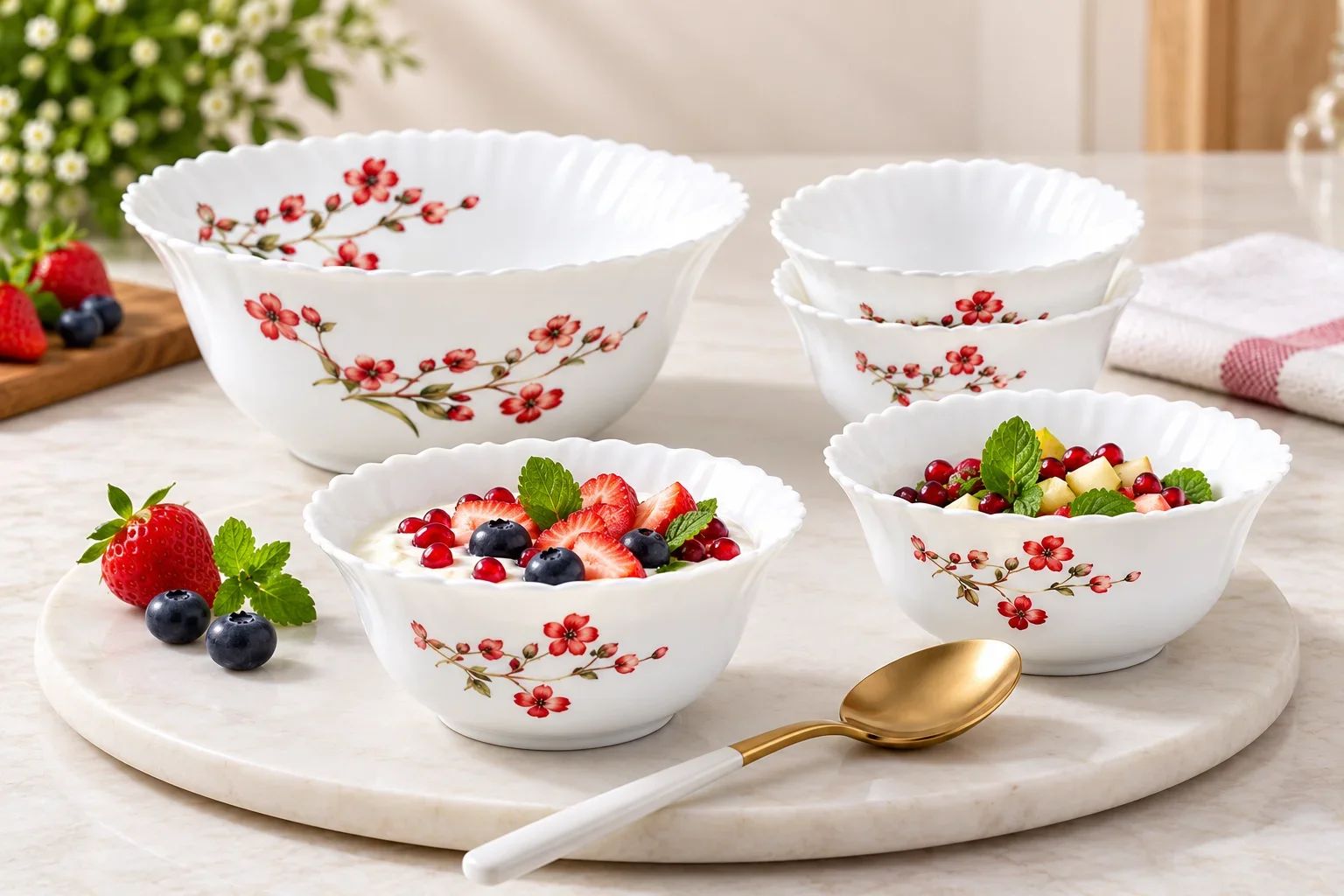 Larah by Borosil 5 Piece Opalware Pudding Set – Red Floral