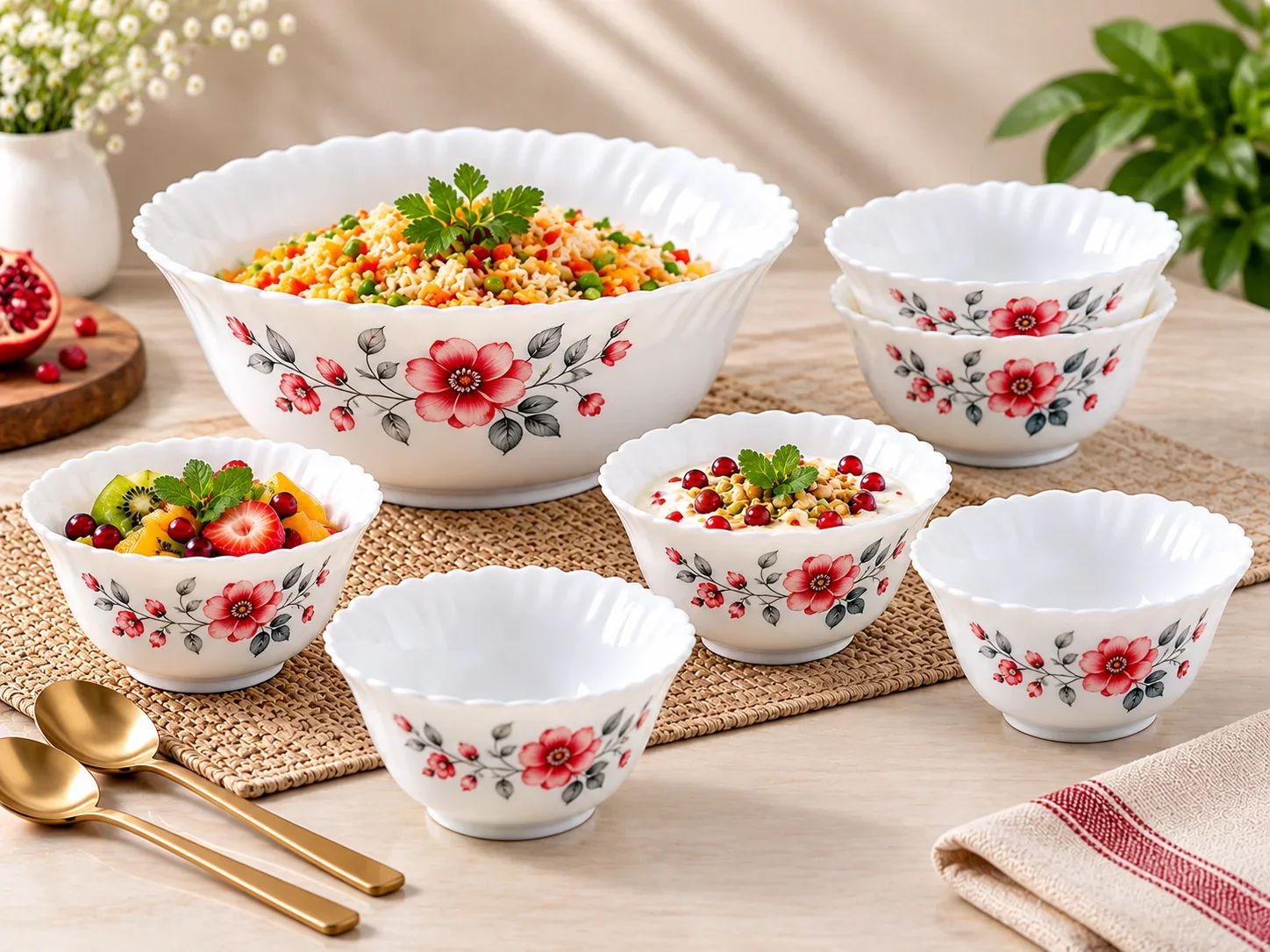 Larah by Borosil 7 Piece Opalware Pudding Set – Red Floral Print