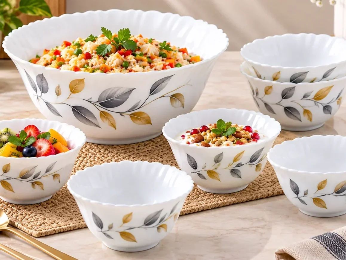 Larah by Borosil 7 Piece Opalware Pudding Set – Golden Leaf Print