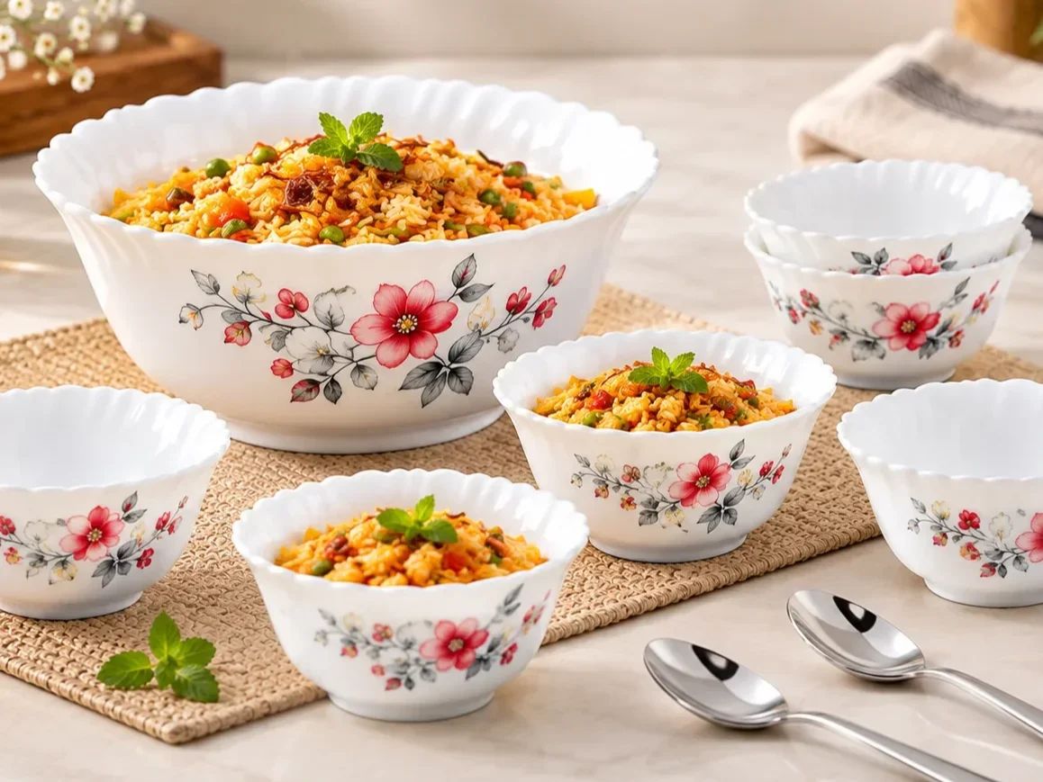 Larah by Borosil 7 Piece Opalware Pudding Set – Red Blossom