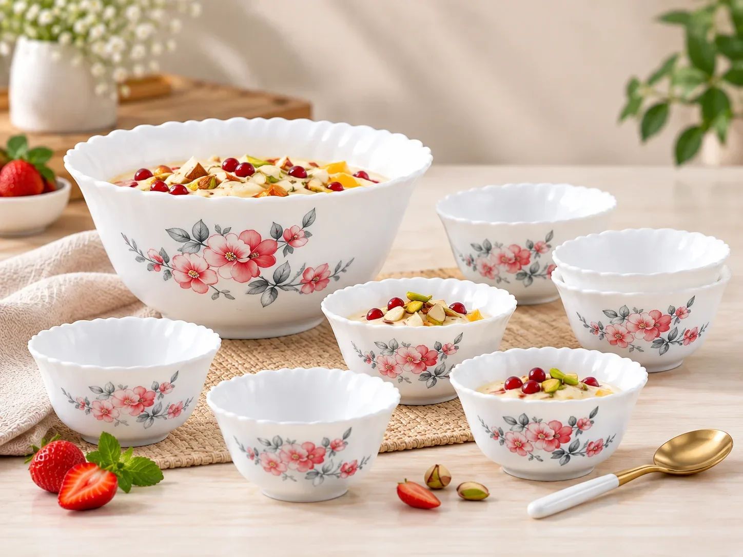 Larah by Borosil 7 Piece Opalware Dessert Set – Pink Floral