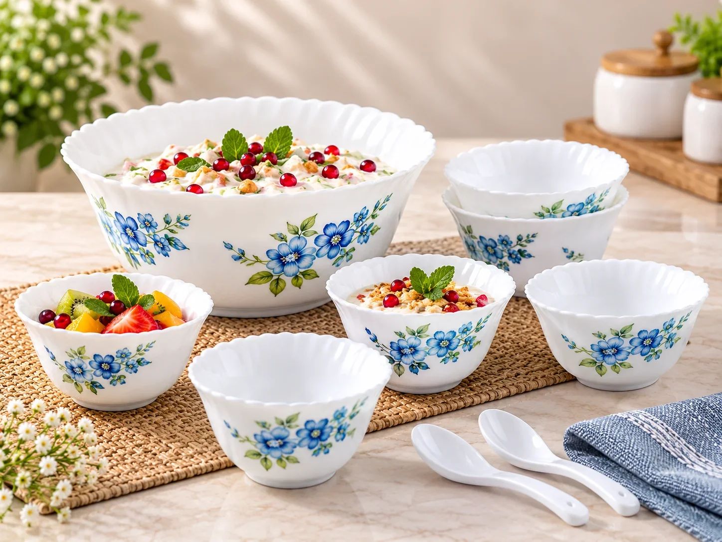 Larah by Borosil 7 Piece Opalware Pudding Set – Blue Floral Print