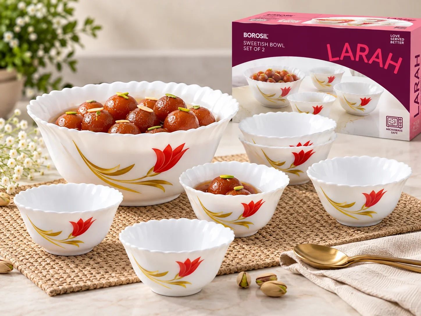 Larah by Borosil 7 Piece Sweetish Opalware Bowl Set – Red Tulip