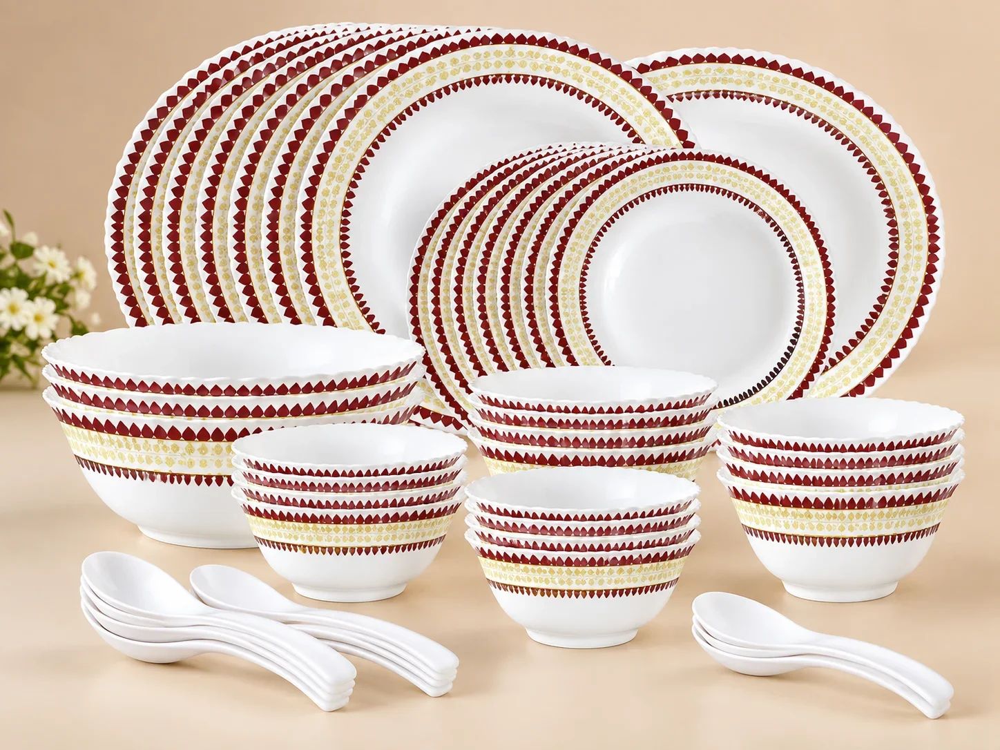 Larah by Borosil 35 Piece Opalware Dinner Set – Maroon Geometric