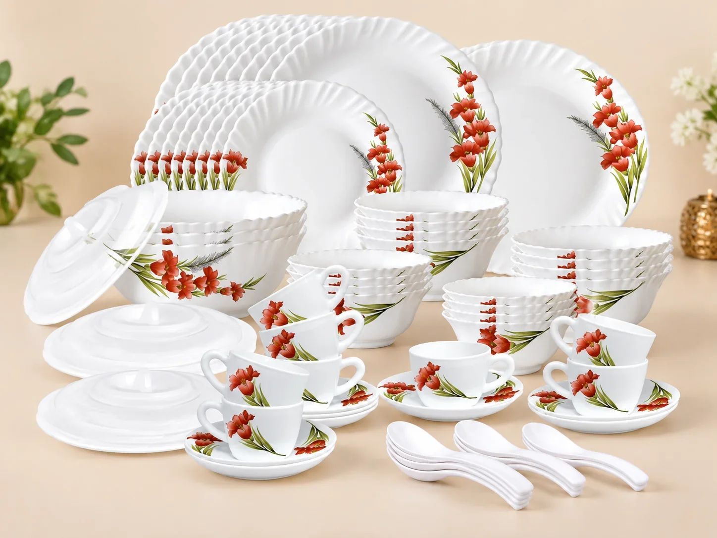 Larah by Borosil 61 Piece Opalware Dinner Set – Red Floral