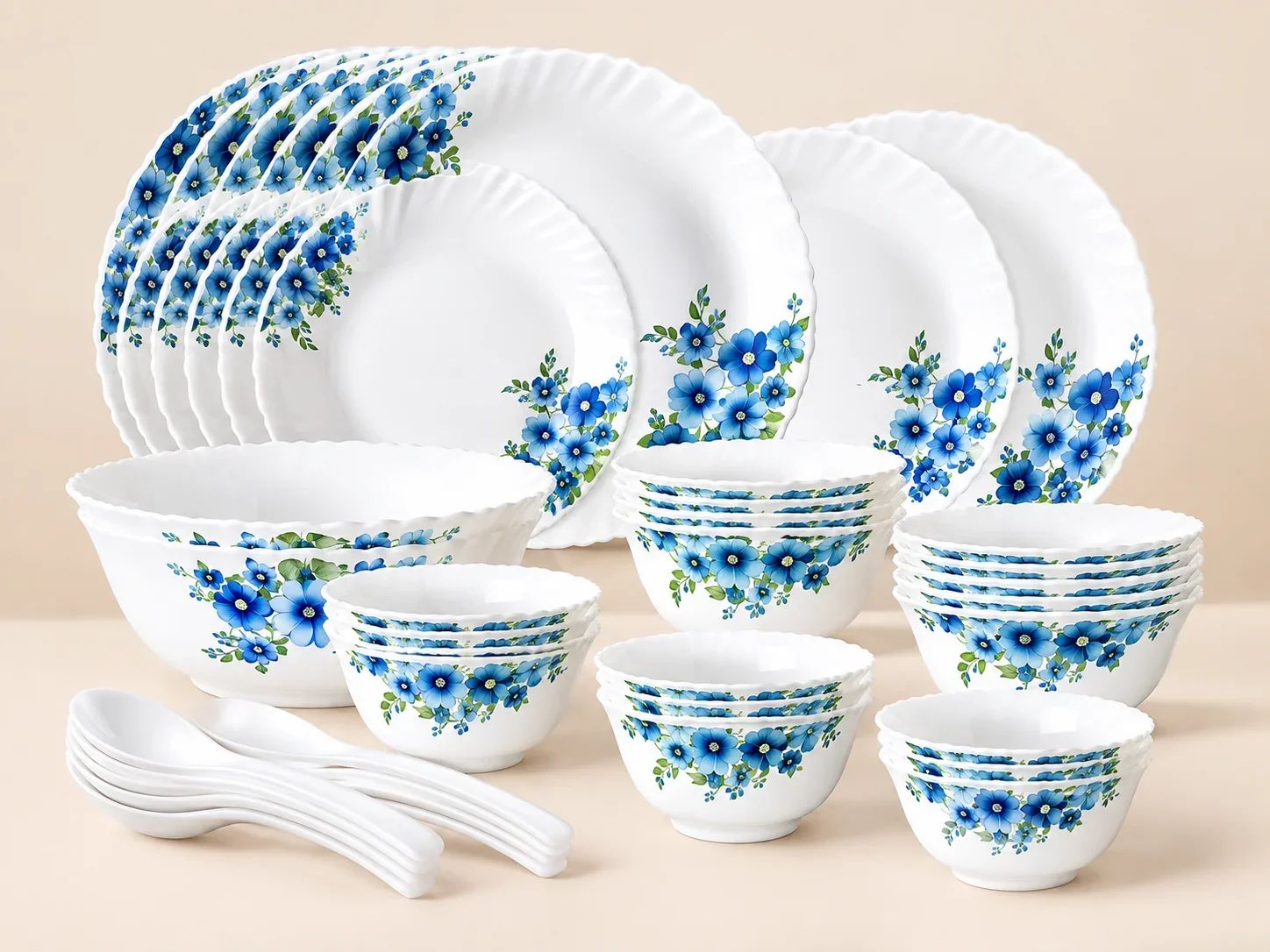 Larah by Borosil 35 Piece Opalware Dinner Set – Blue Blossom