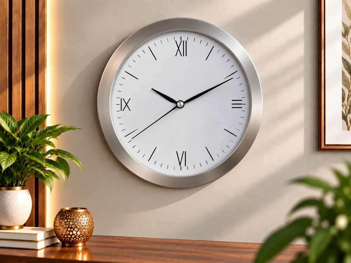 Modern Brushed Silver Metallic Wall Clock