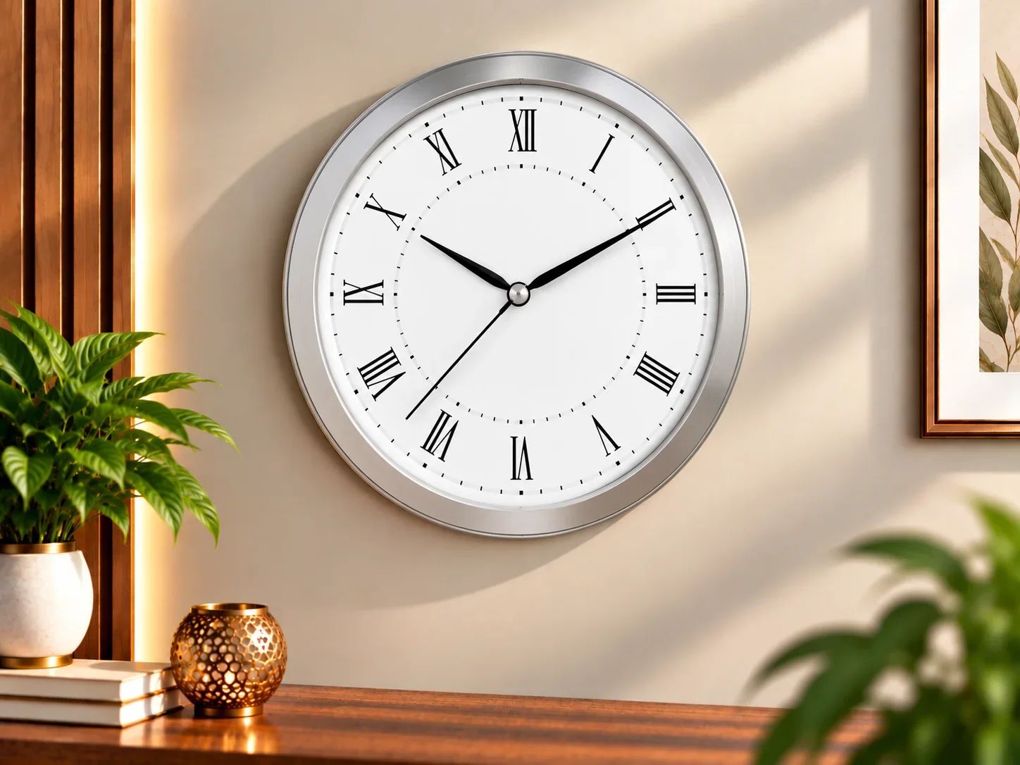 Classic Brushed Silver Roman Numeral Wall Clock